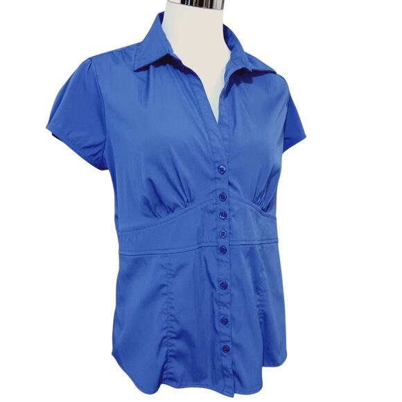 DRESSBARN Retro Gathered Blouse Top Medium Yoke Royal Blue Feminine V-Neck - Picture 7 of 7